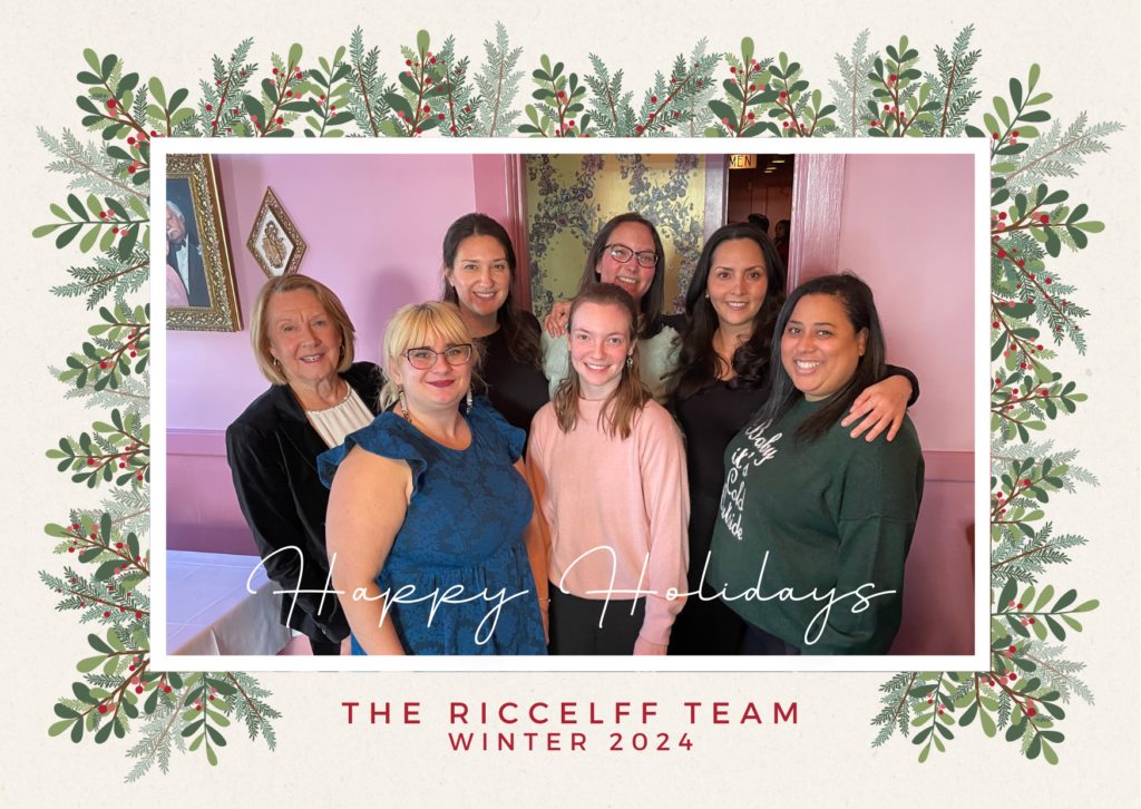 the RICCELFF team, made up of 7 women, poses for a photo. The photo is surrounded by holly, and text reads "Happy Holidays, the RICCELFF team, Winter 2024"