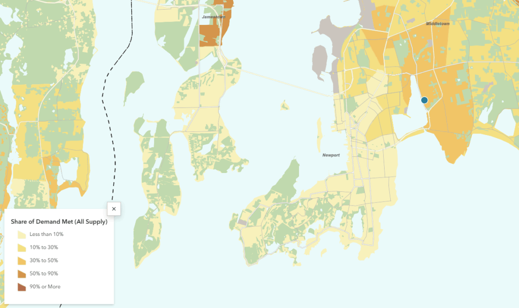 a color-coded map of Newport, Middletown, and Jamestown shows that much of Newport has less than 10% of child care demand met by supply.